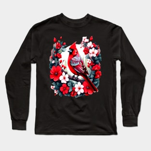 Cute Northern Cardinal Surrounded by Vibrant Spring Flowers Long Sleeve T-Shirt